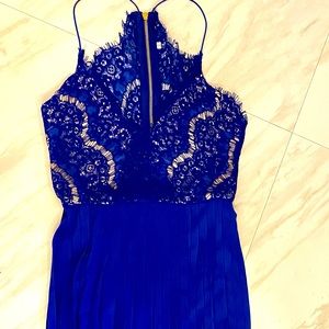Royal blue long evening dress. Formal. Lace top and sheer long bottom.
